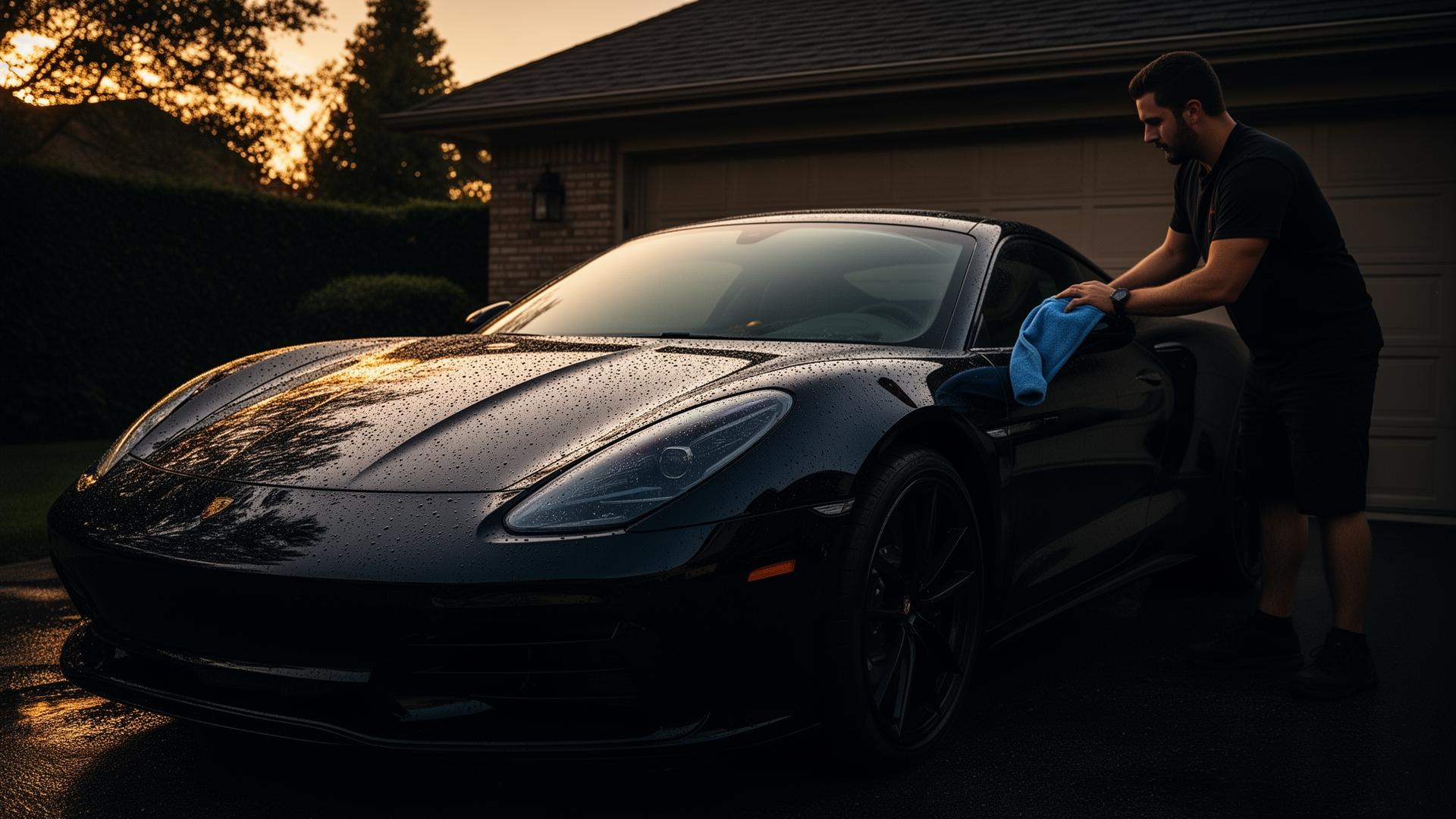 Luxury black sports car being detailed at dusk